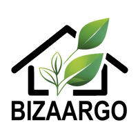Logo of Bizaargo with a house and leaves design on a white background