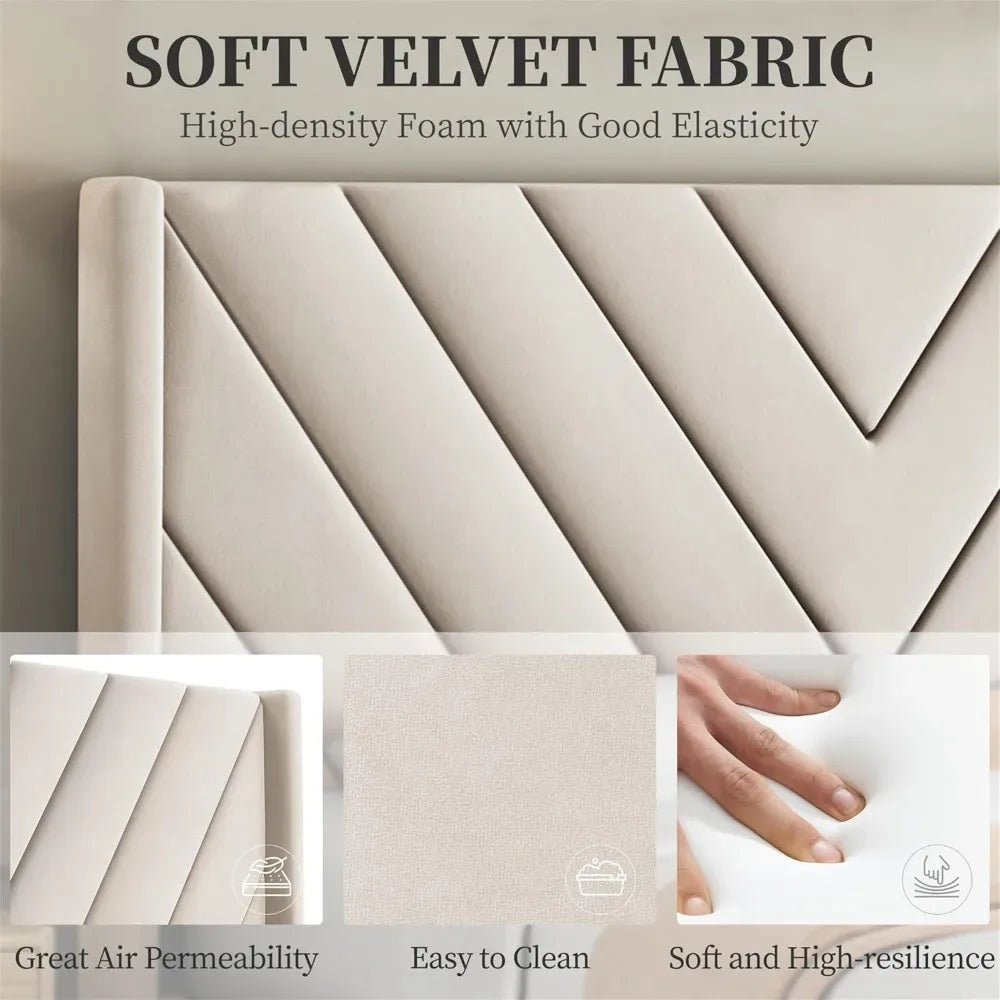 Modern Queen Bed Frame with Velvet Winged Headboard - Bizaargo