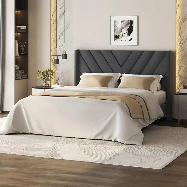 Modern Queen Bed Frame with Velvet Winged Headboard - Bizaargo
