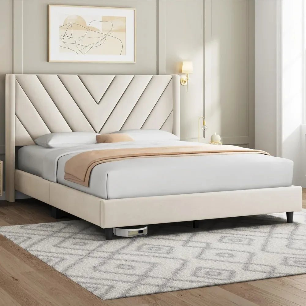 Modern Queen Bed Frame with Velvet Winged Headboard - Bizaargo