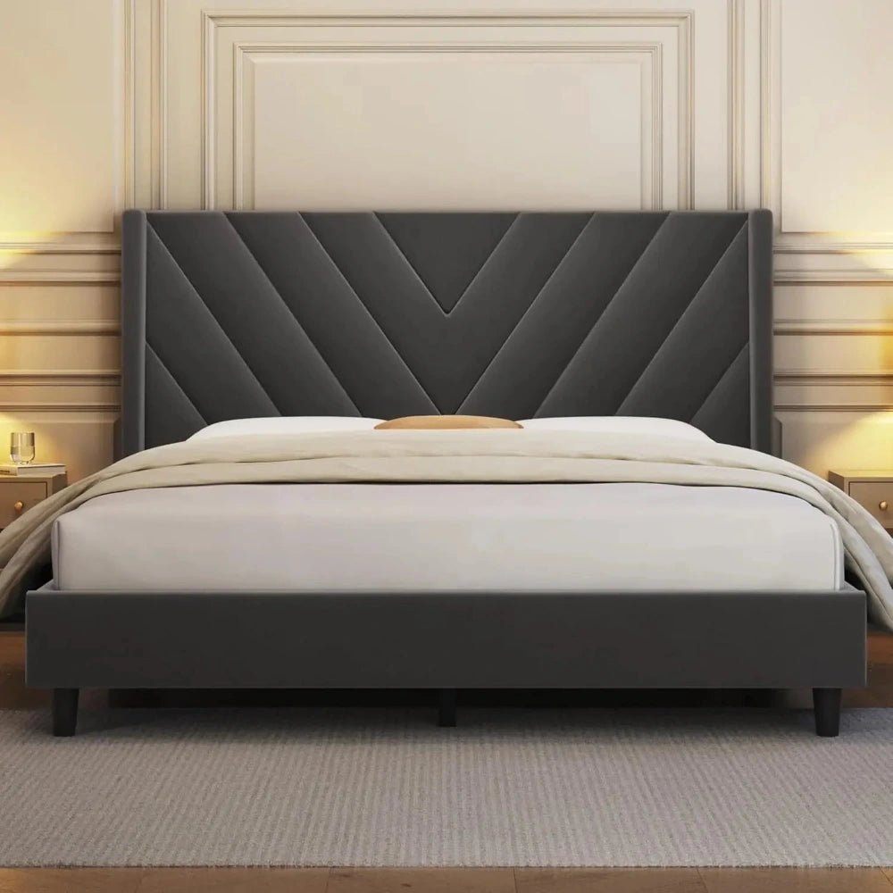 Modern Queen Bed Frame with Velvet Winged Headboard - Bizaargo