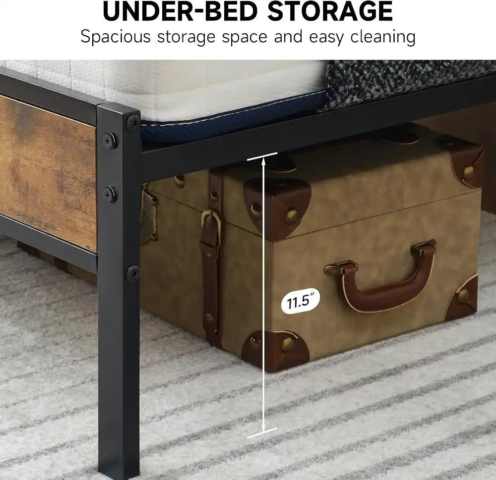 Queen Bed Frame: Wood Headboard & Sturdy Metal Base - Bizaargo