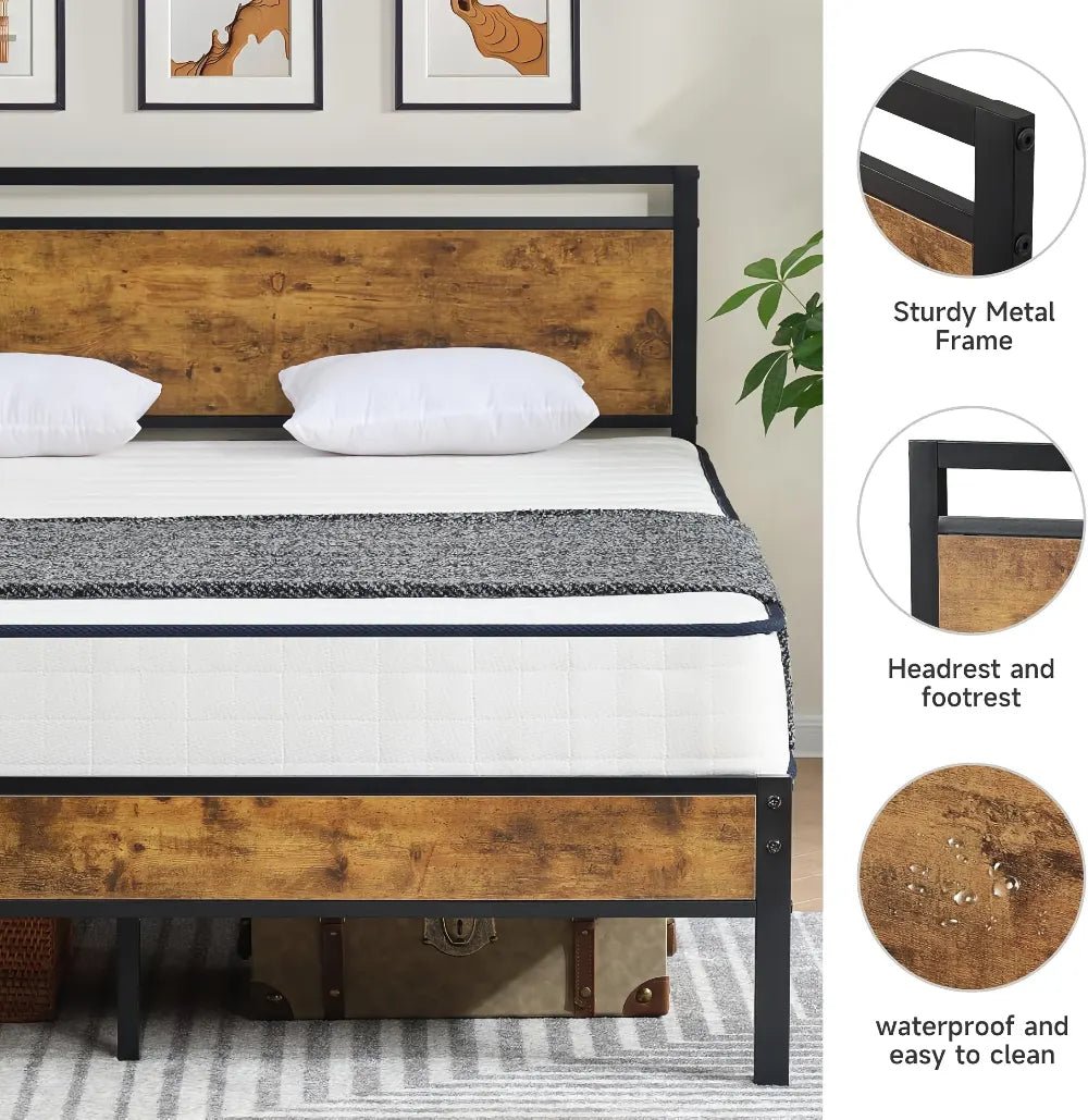 Queen Bed Frame: Wood Headboard & Sturdy Metal Base - Bizaargo