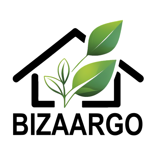 Logo of Bizaargo with a house and leaves design on a white background