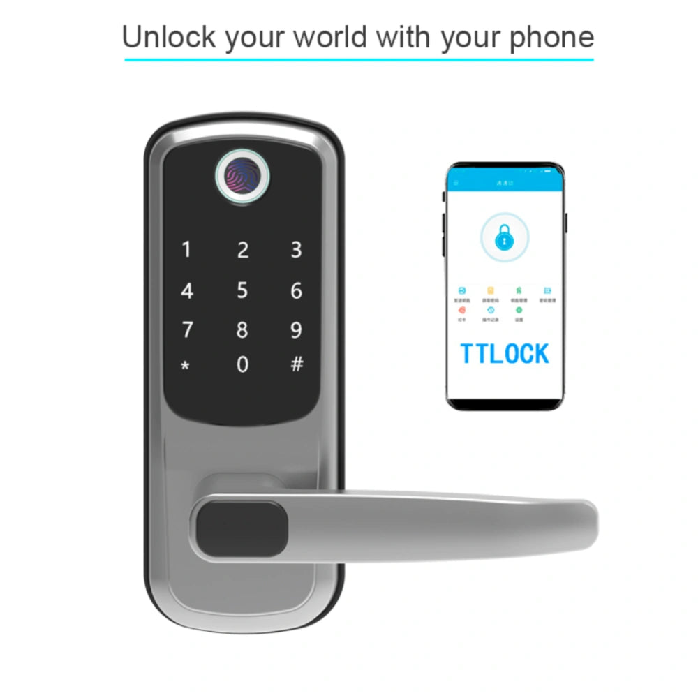 Smart door lock with digital keypad and smartphone app on a white background