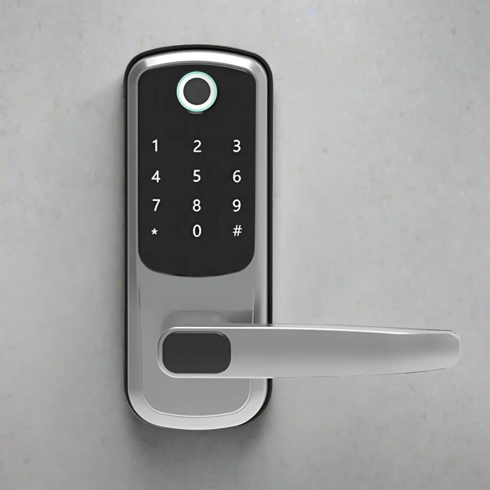 Digital door lock with keypad on a gray door