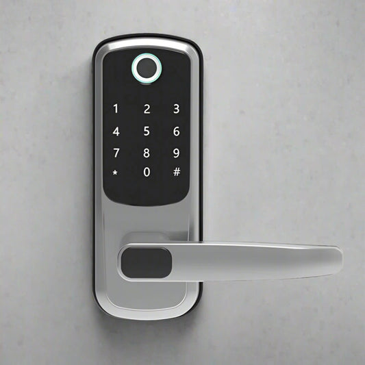 Digital door lock with keypad on a gray door