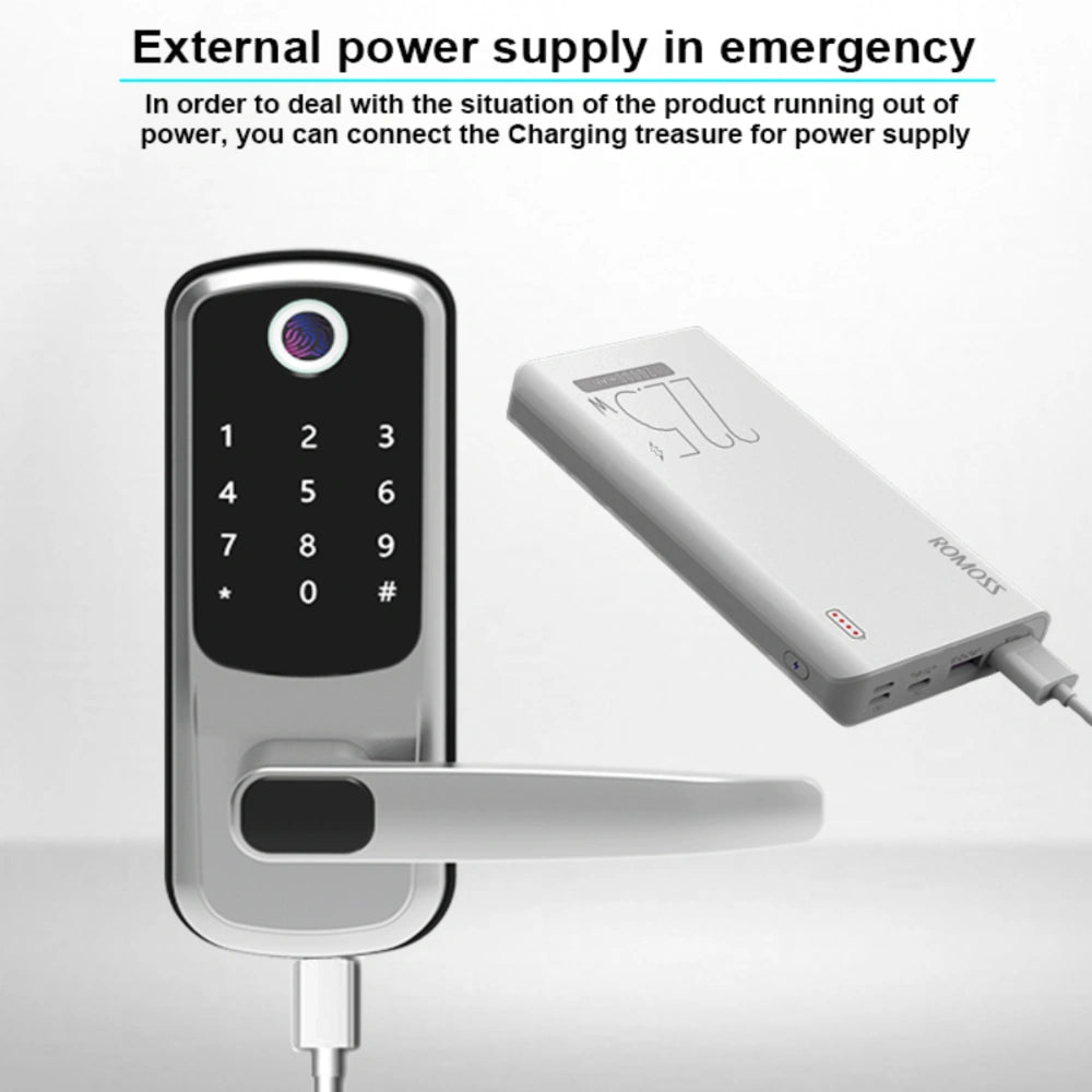 Digital door lock with an external power supply device on a white background