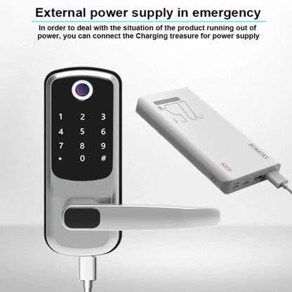 Digital door lock with an external power supply device on a white background