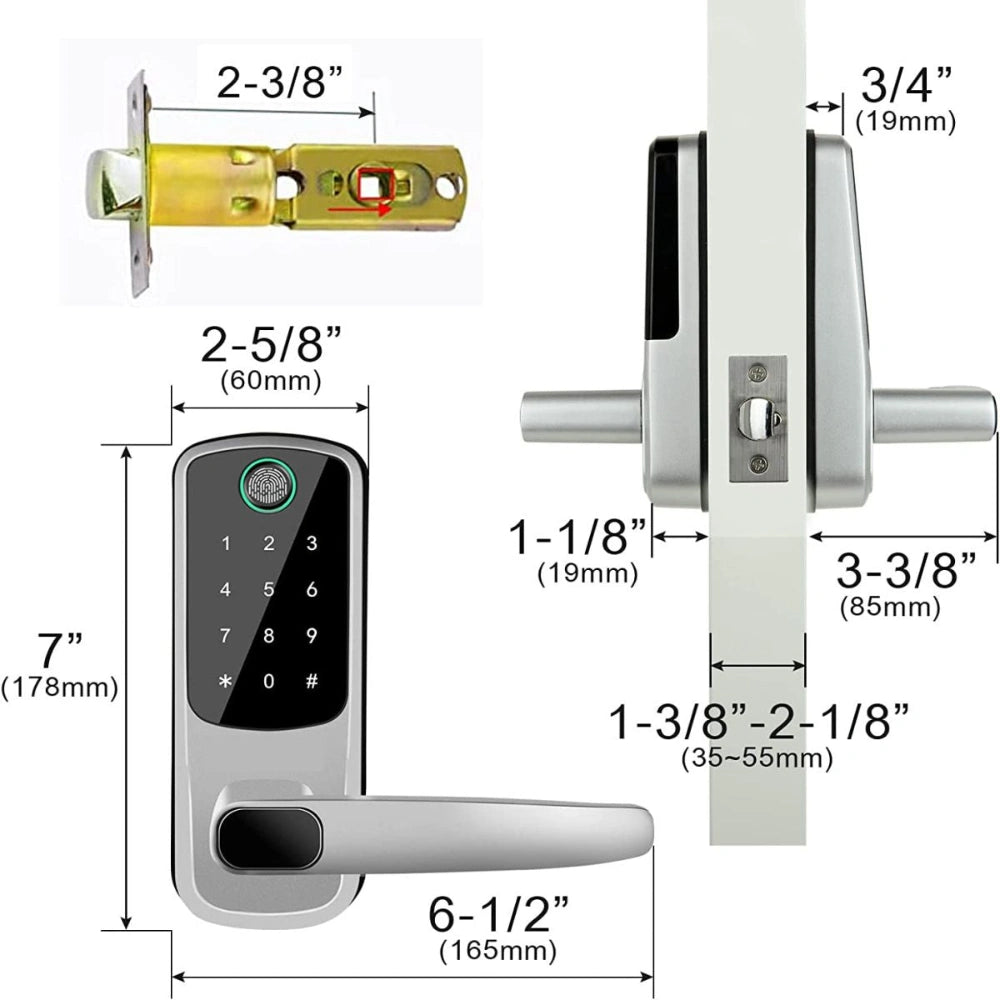 Measurement diagram of a digital door lock with dimensions labeled.