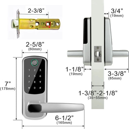 Measurement diagram of a digital door lock with dimensions labeled.