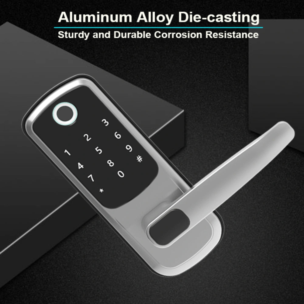 Digital door lock with keypad on a black background, highlighting aluminum alloy die-casting.