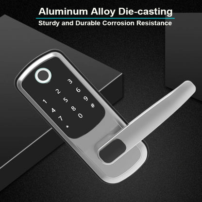 Digital door lock with keypad on a black background, highlighting aluminum alloy die-casting.