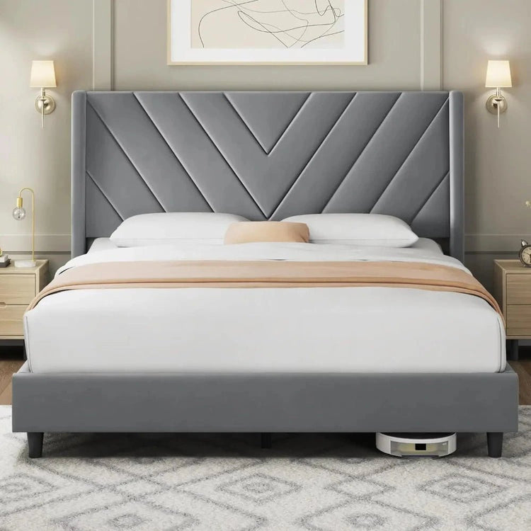 Modern Queen Bed Frame with Velvet Winged Headboard - Bizaargo