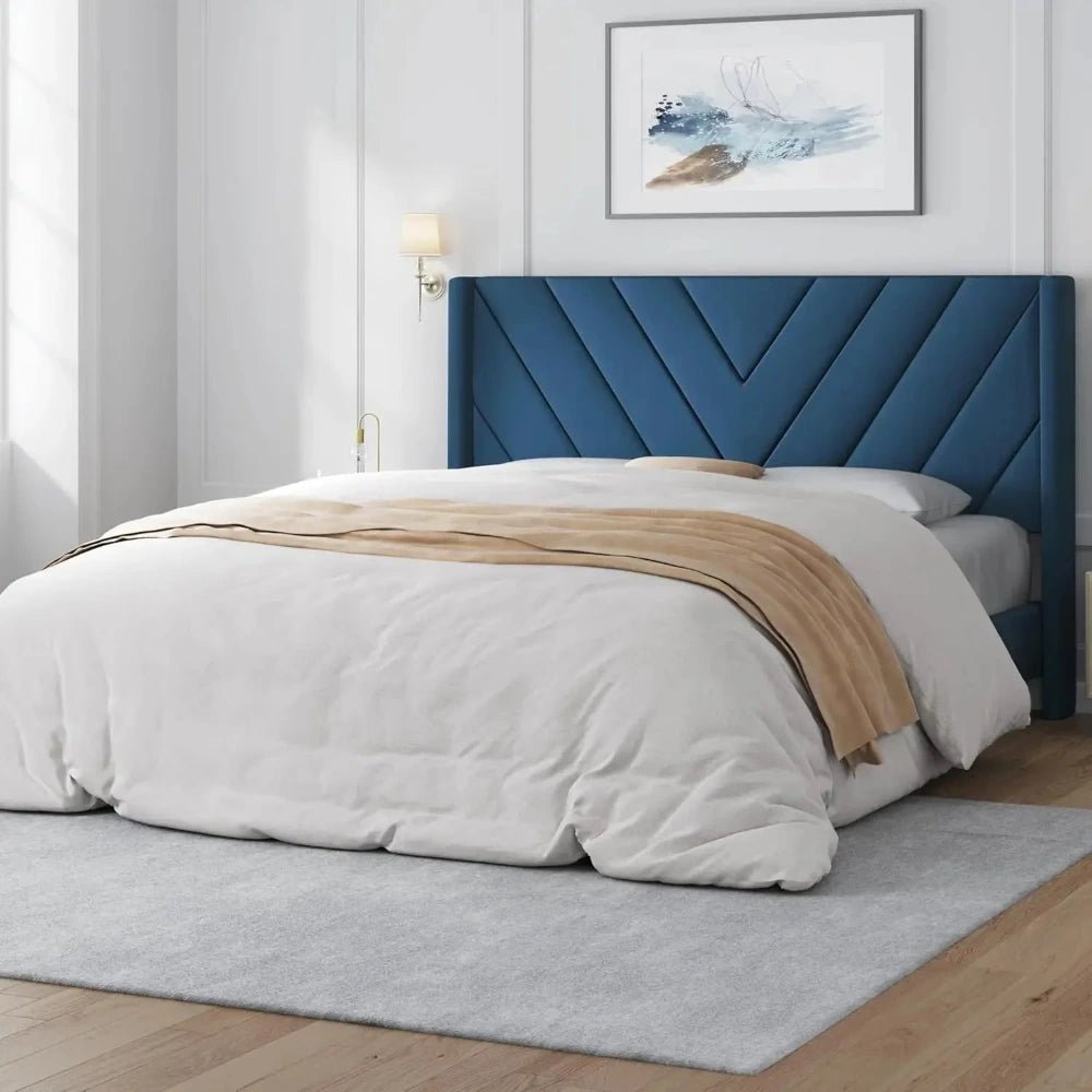 Modern Queen Bed Frame with Velvet Winged Headboard - Bizaargo
