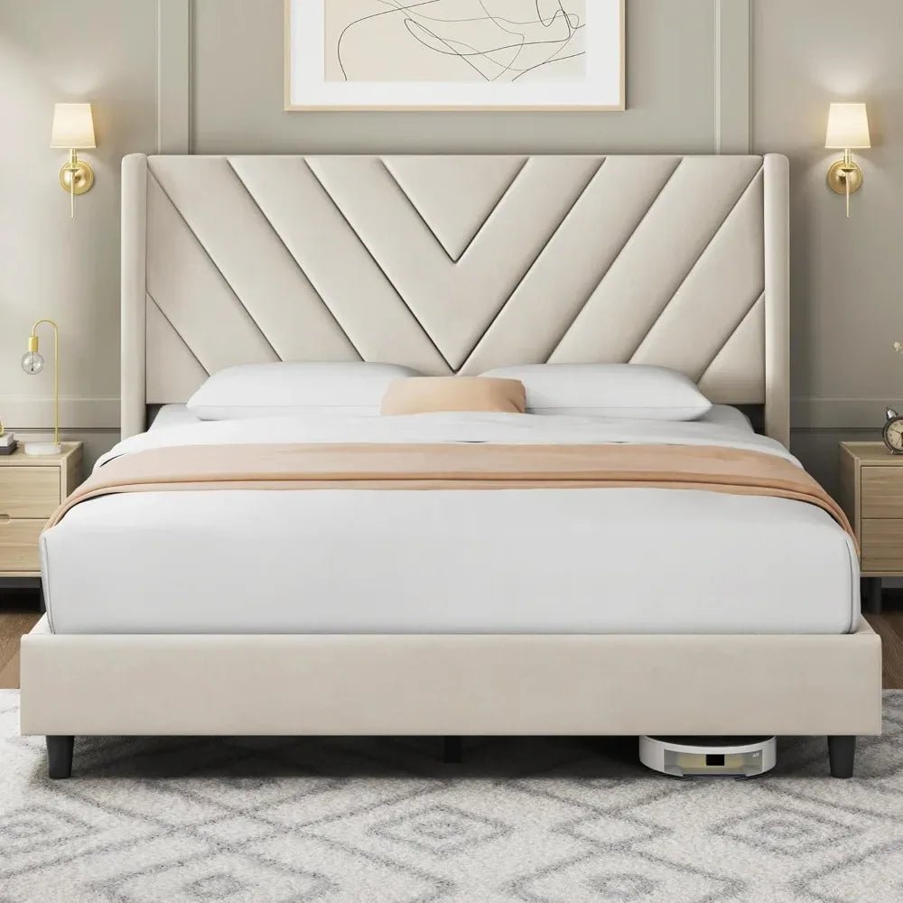 Modern Queen Bed Frame with Velvet Winged Headboard - Bizaargo
