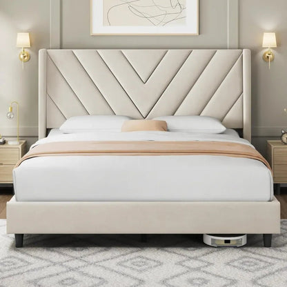 Modern Queen Bed Frame with Velvet Winged Headboard - Bizaargo