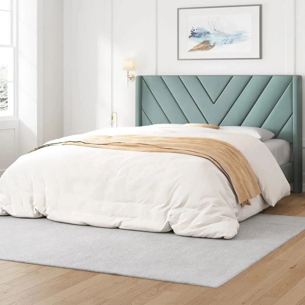 Modern Queen Bed Frame with Velvet Winged Headboard - Bizaargo