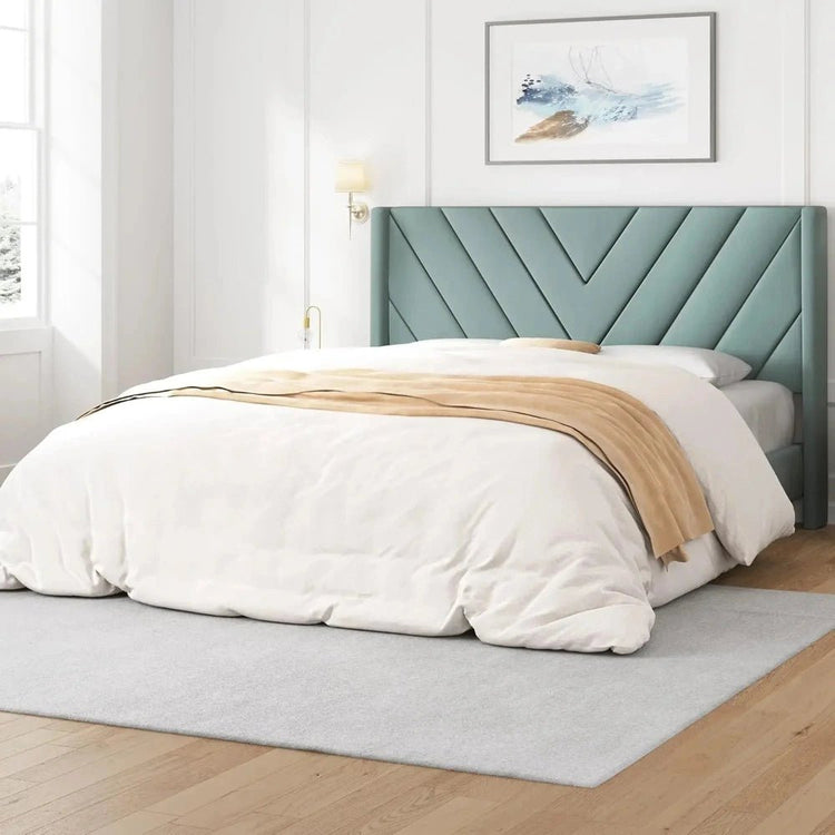 Modern Queen Bed Frame with Velvet Winged Headboard - Bizaargo