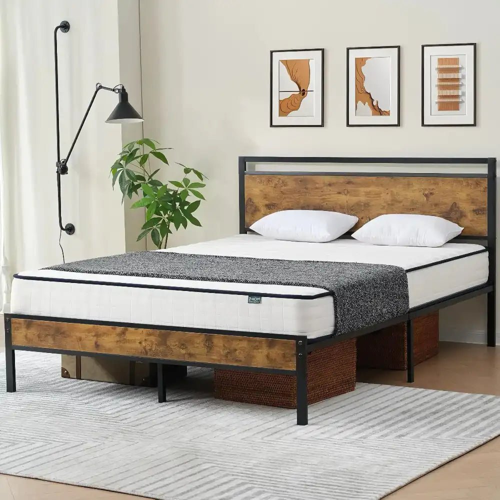 Queen Bed Frame: Wood Headboard & Sturdy Metal Base - Bizaargo