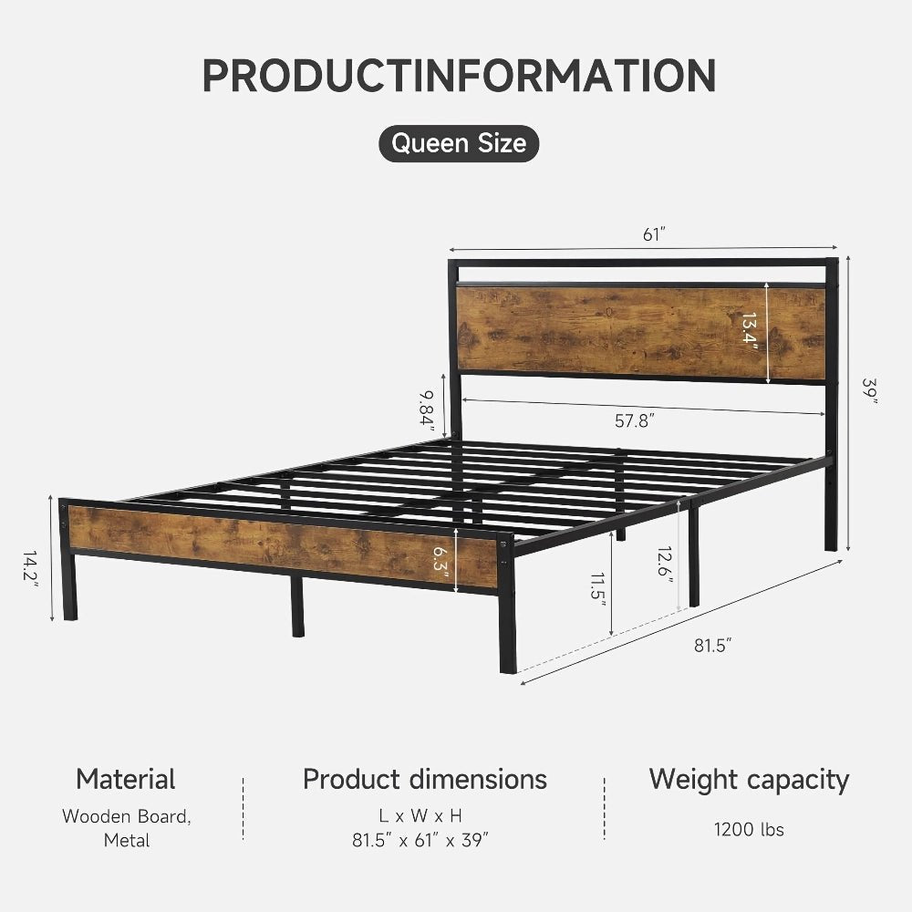Queen Bed Frame: Wood Headboard & Sturdy Metal Base - Bizaargo