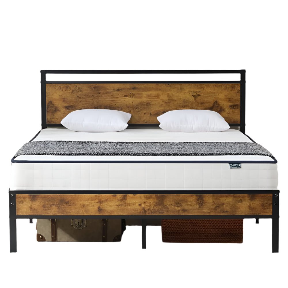 Queen Bed Frame: Wood Headboard & Sturdy Metal Base - Bizaargo